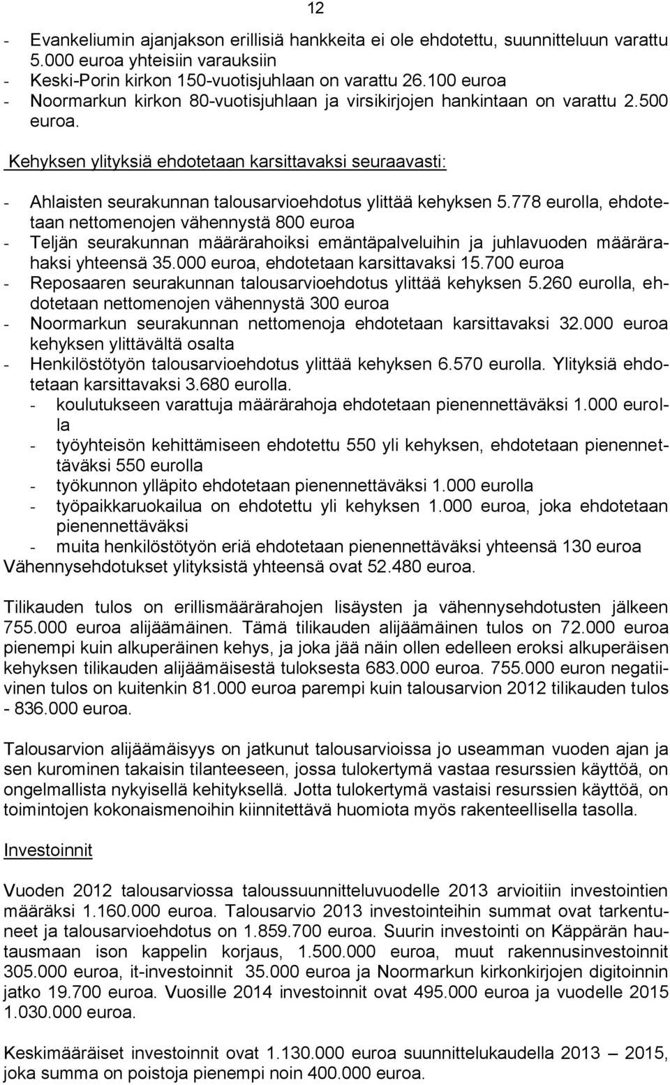 Kehyksen ylityksiä ehdotetaan karsittavaksi seuraavasti: - Ahlaisten seurakunnan talousarvioehdotus ylittää kehyksen 5.