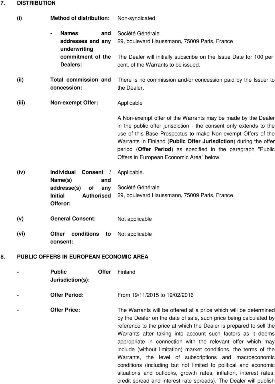 the Dealer (iii) Non-exempt Offer: Applicable A Non-exempt offer of the Warrants may be made by the Dealer in the public offer jurisdiction - the consent only extends to the use of this Base