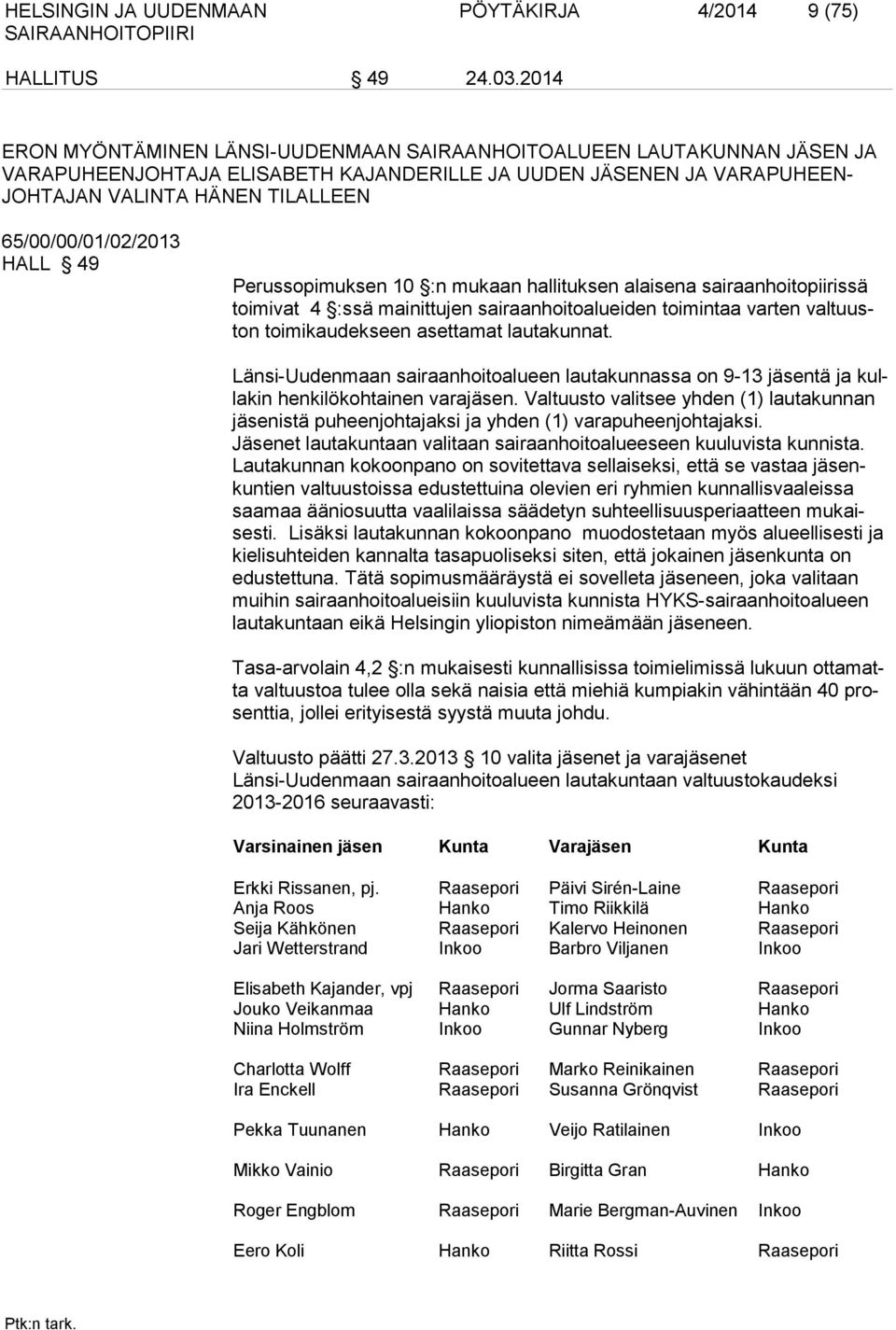 65/00/00/01/02/2013 HALL 49 Perussopimuksen 10 :n mukaan hallituksen alaisena sairaanhoitopiirissä toimivat 4 :ssä mainittujen sairaanhoitoalueiden toimintaa varten valtuuston toimikaudekseen