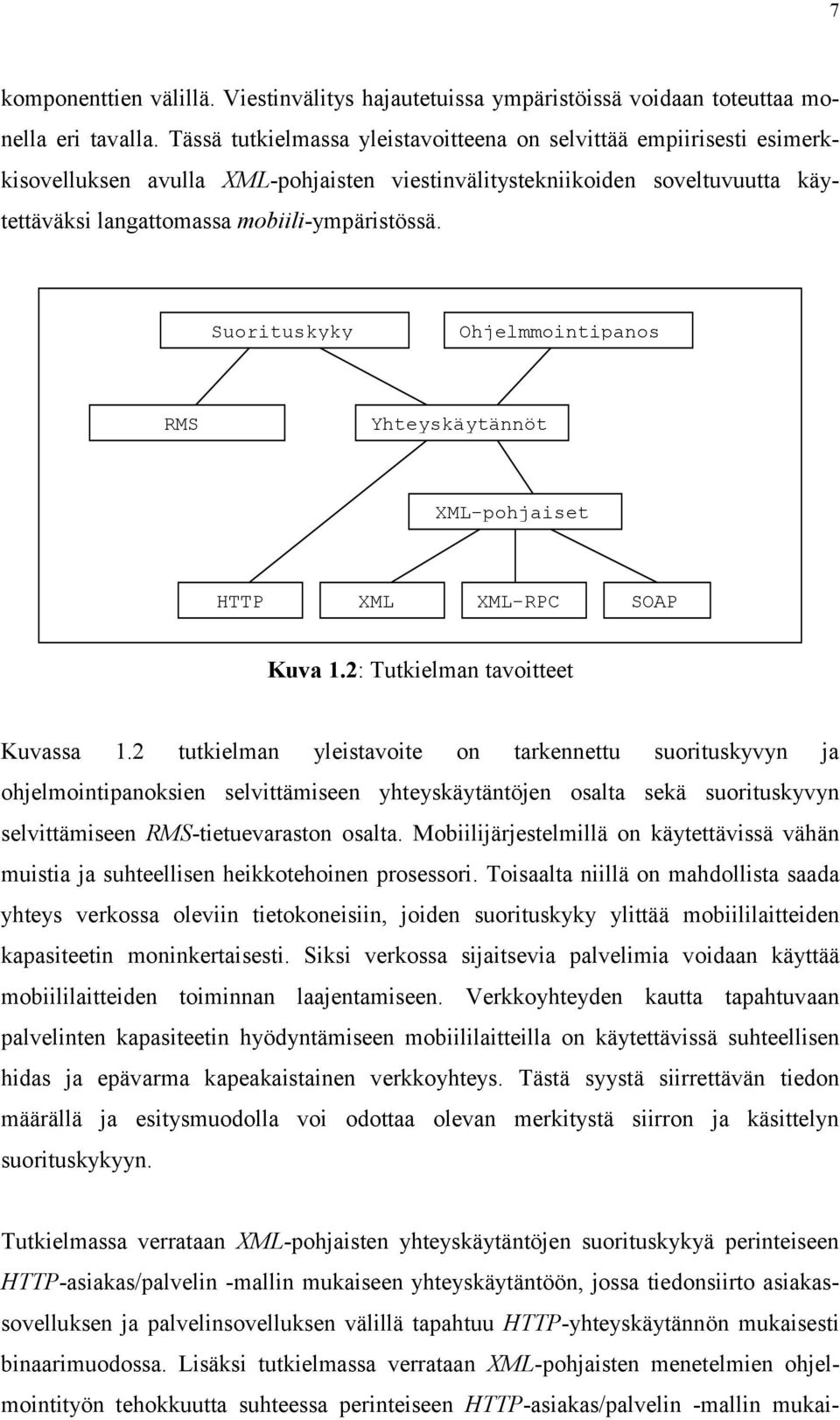 Suorituskyky Ohjelmmointipanos RMS Yhteyskäytännöt XML-pohjaiset HTTP XML XML-RPC SOAP Kuva 1.2: Tutkielman tavoitteet Kuvassa 1.
