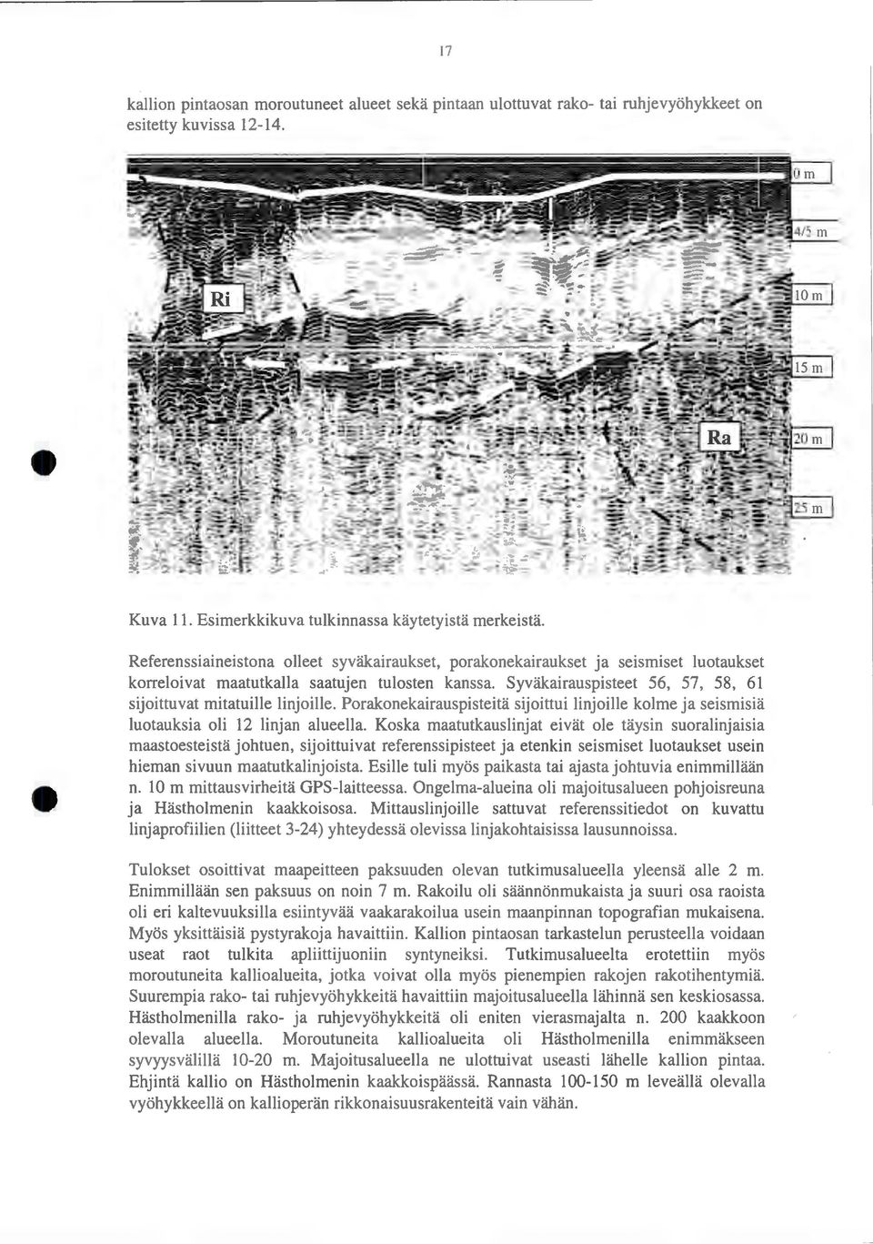 Syväkairauspisteet 56, 57, 58, 61 sijoittuvat mitatuille linjoille. Porakonekairauspisteitä sijoittui linjoille kolme ja seismisiä luotauksia oli 12 linjan alueella.