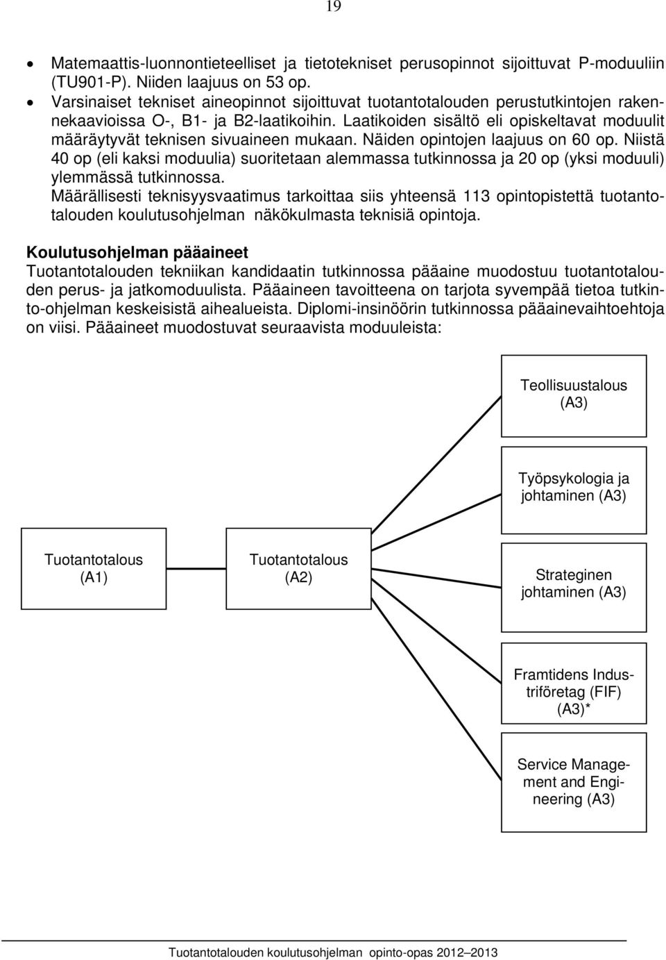 Laatikoiden sisältö eli opiskeltavat moduulit määräytyvät teknisen sivuaineen mukaan. Näiden opintojen laajuus on 60 op.