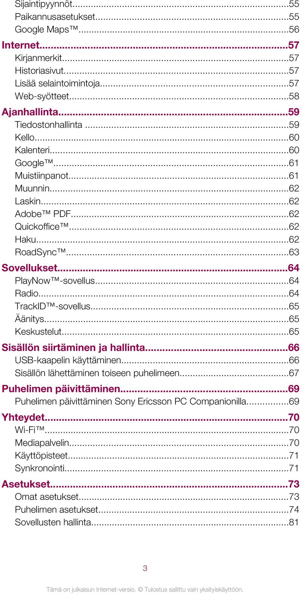 ..64 TrackID -sovellus...65 Äänitys...65 Keskustelut...65 Sisällön siirtäminen ja hallinta...66 USB-kaapelin käyttäminen...66 Sisällön lähettäminen toiseen puhelimeen...67 Puhelimen päivittäminen.