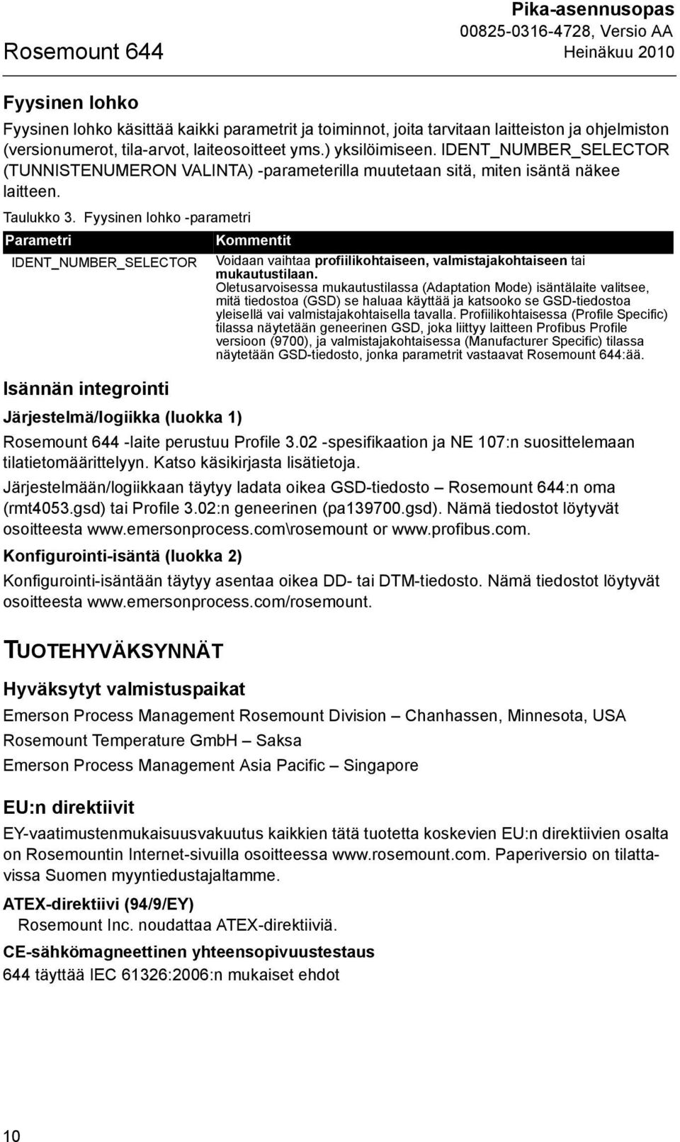 Fyysinen lohko -parametri Parametri Kommentit IDENT_NUMBER_SELECTOR Voidaan vaihtaa profiilikohtaiseen, valmistajakohtaiseen tai mukautustilaan.