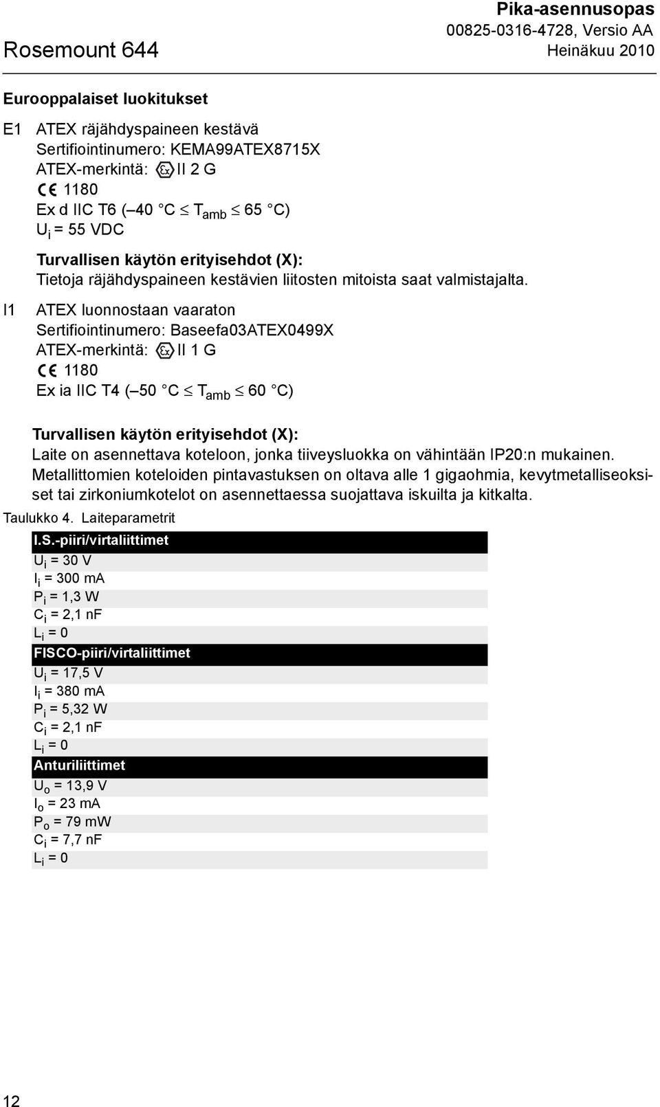 ATEX luonnostaan vaaraton Sertifiointinumero: Baseefa03ATEX0499X ATEX-merkintä: II 1 G 1180 Ex ia IIC T4 ( 50 C T amb 60 C) Turvallisen käytön erityisehdot (X): Laite on asennettava koteloon, jonka