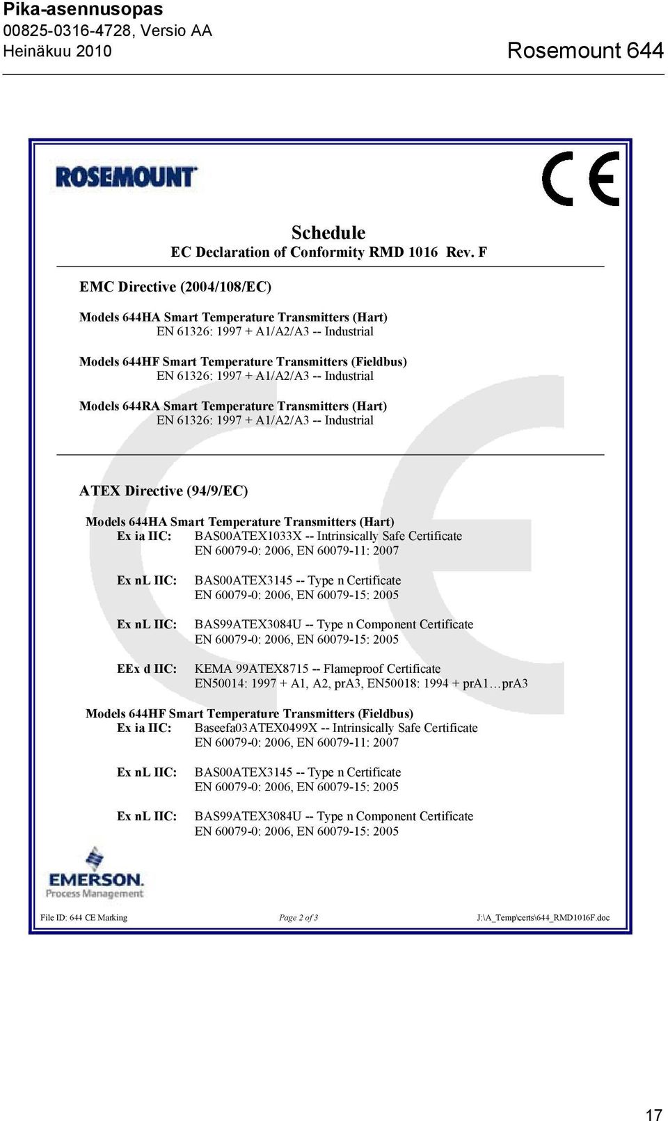 A1/A2/A3 -- Industrial Models 644RA Smart Temperature Transmitters (Hart) EN 61326: 1997 + A1/A2/A3 -- Industrial ATEX Directive (94/9/EC) Models 644HA Smart Temperature Transmitters (Hart) Ex ia