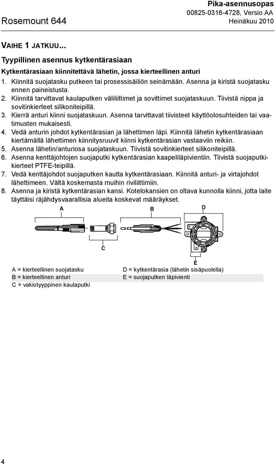 Tiivistä nippa ja sovitinkierteet silikoniteipillä. 3. Kierrä anturi kiinni suojataskuun. Asenna tarvittavat tiivisteet käyttöolosuhteiden tai vaatimusten mukaisesti. 4.