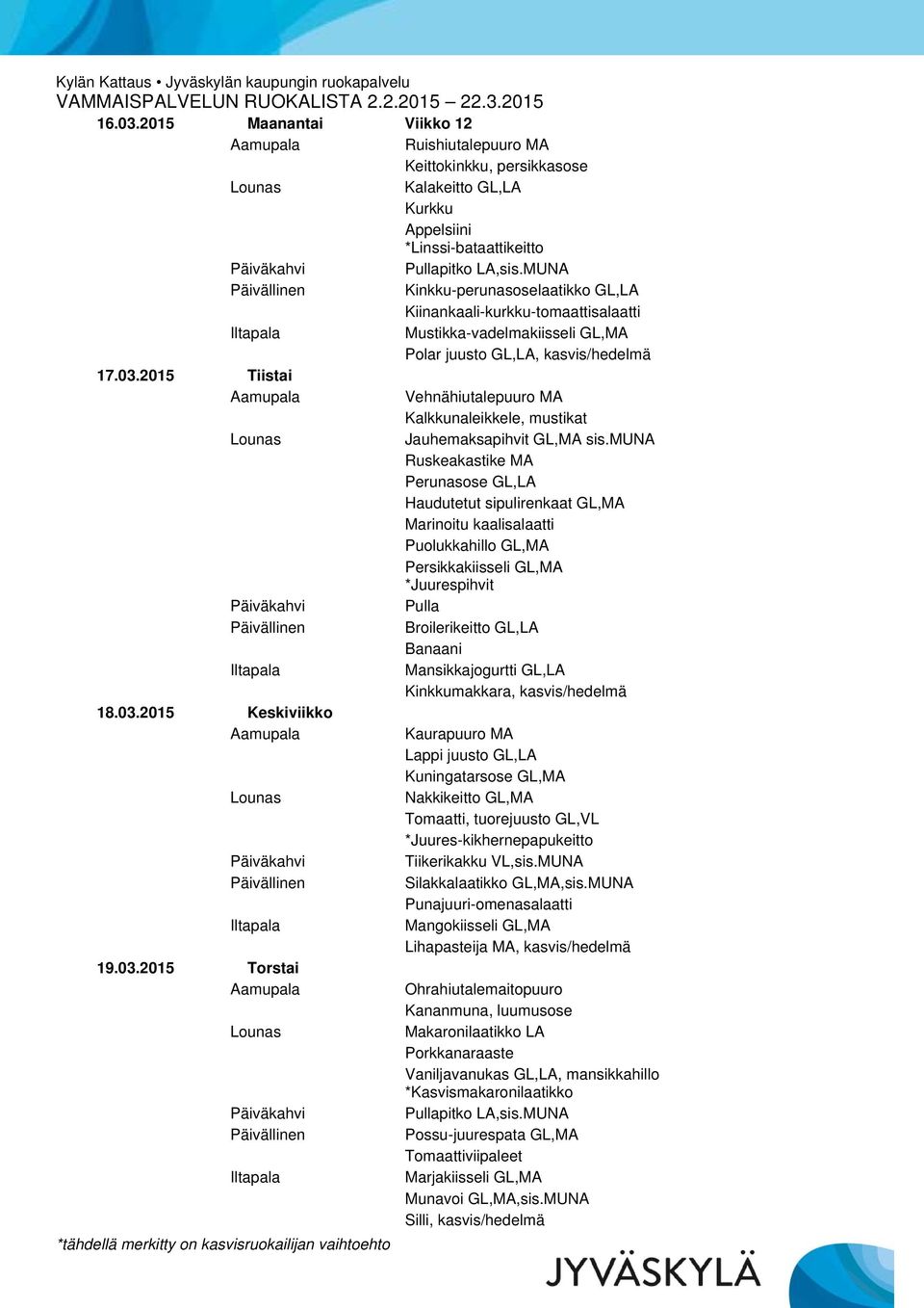 Mustikka-vadelmakiisseli GL,MA Polar juusto GL,LA, kasvis/hedelmä 17.03.2015 Tiistai Vehnähiutalepuuro MA Kalkkunaleikkele, mustikat Jauhemaksapihvit GL,MA sis.