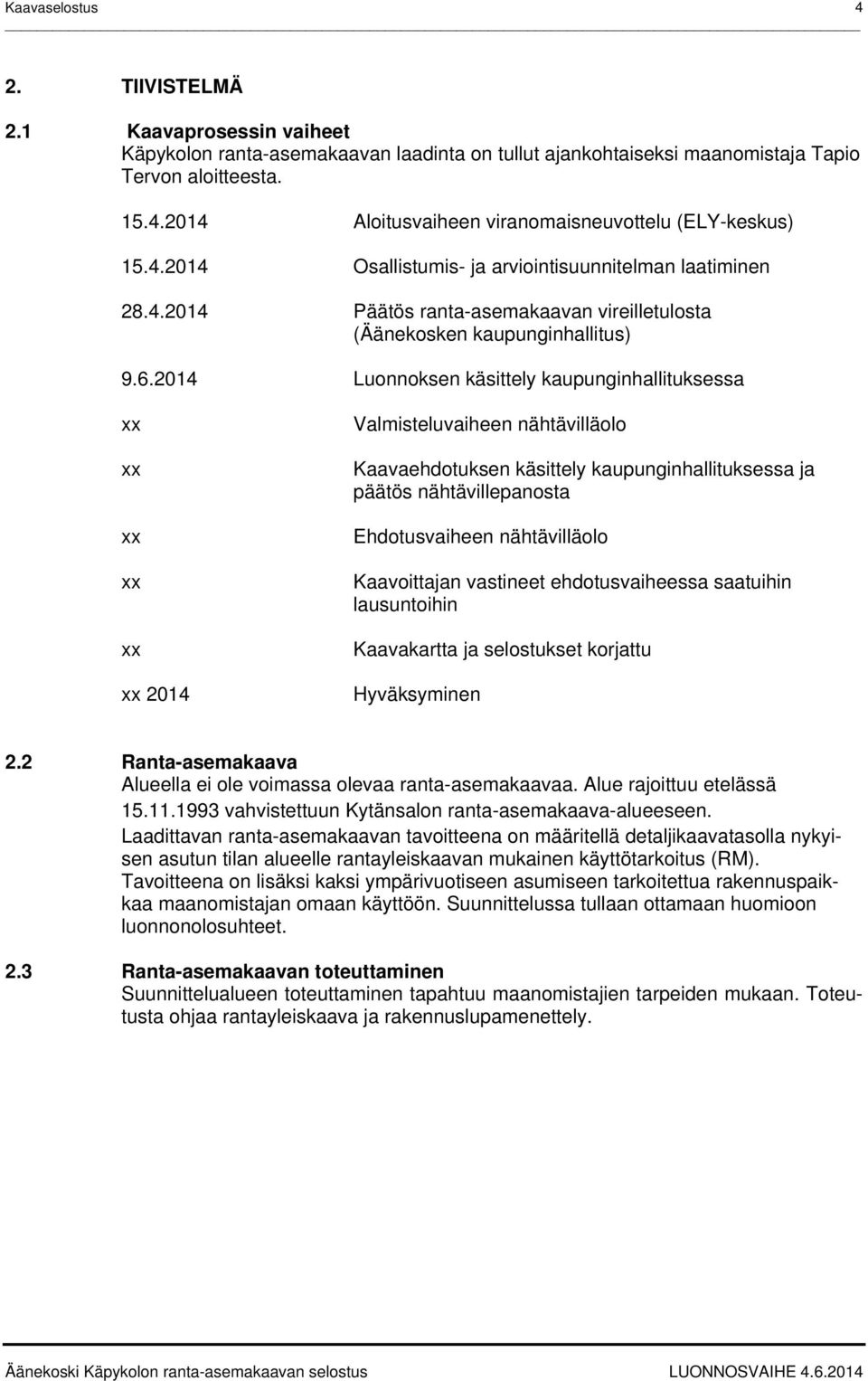 2014 Luonnoksen käsittely kaupunginhallituksessa xx xx xx xx xx xx 2014 Valmisteluvaiheen nähtävilläolo Kaavaehdotuksen käsittely kaupunginhallituksessa ja päätös nähtävillepanosta Ehdotusvaiheen