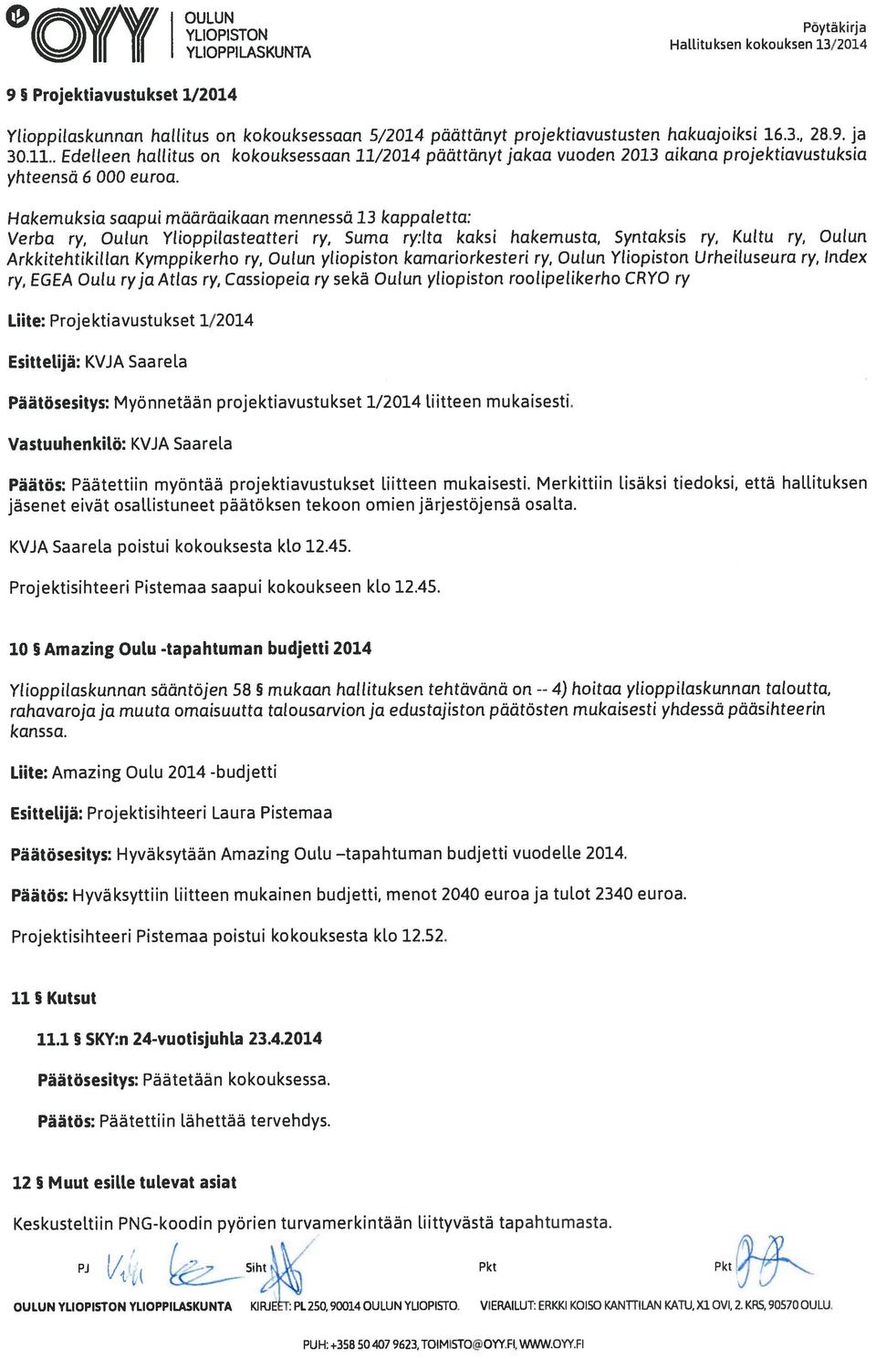 Hakemuksia saapui määräaikaan mennessä 13 kappaletta: Verba ry, Oulun Ylioppilasteatteri ry, Suma ry:lta kaksi hakemusta, Syntaksis ry, Kultu ry, Oulun Arkkitehtikillan Kymppikerho ry, Oulun