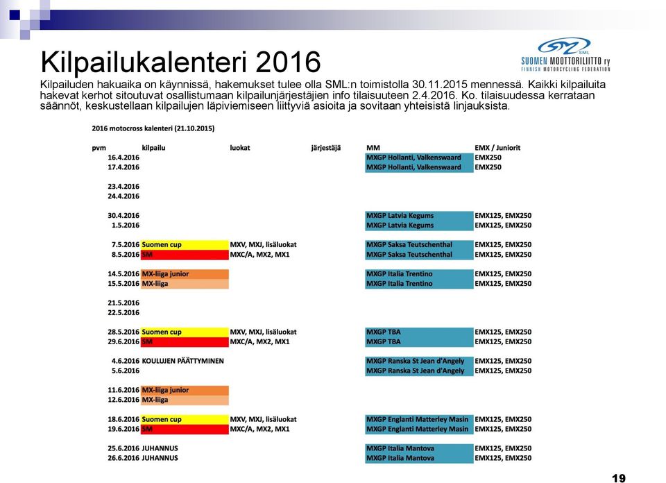 Kaikki kilpailuita hakevat kerhot sitoutuvat osallistumaan kilpailunjärjestäjien info