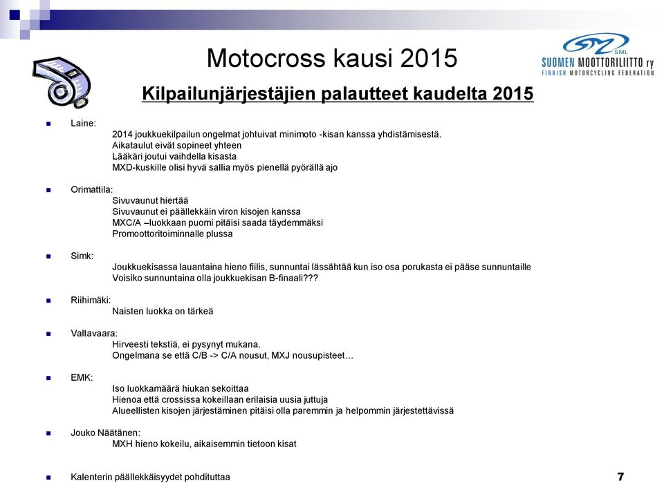 kanssa MXC/A luokkaan puomi pitäisi saada täydemmäksi Promoottoritoiminnalle plussa Simk: Joukkuekisassa lauantaina hieno fiilis, sunnuntai lässähtää kun iso osa porukasta ei pääse sunnuntaille