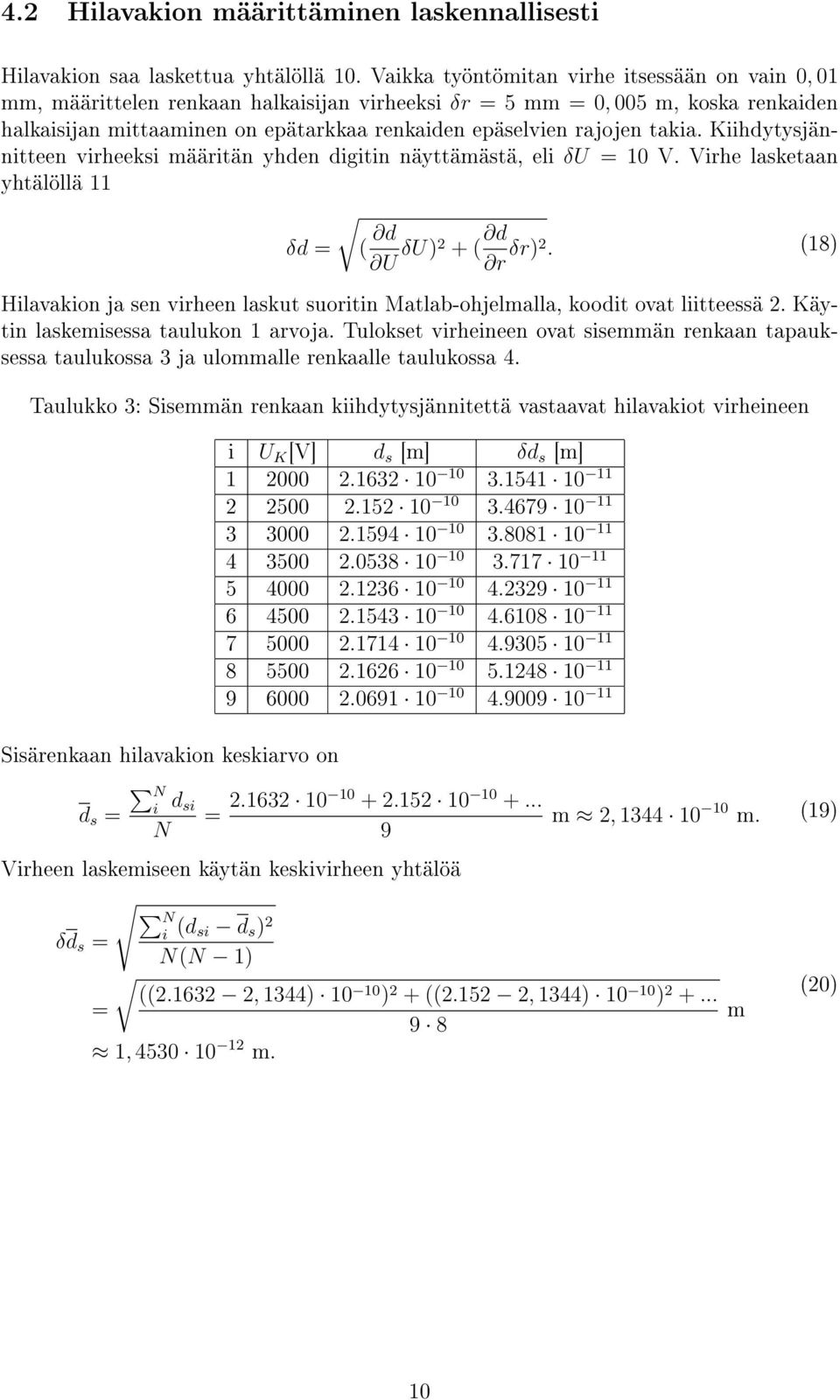 takia. Kiihdytysjännitteen virheeksi määritän yhden digitin näyttämästä, eli δu = 10 V. Virhe lasketaan yhtälöllä 11 δd = ( d U δu)2 + ( d r δr)2.