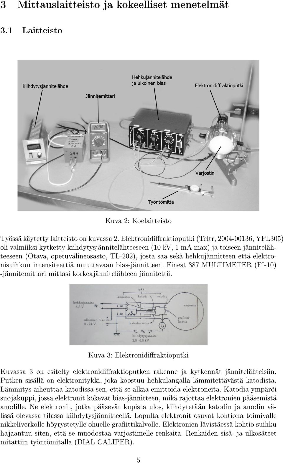 hehkujännitteen että elektronisuihkun intensiteettiä muuttavaan bias-jännitteen. Finest 387 MULTIMETER (FI-10) -jännitemittari mittasi korkeajännitelähteen jännitettä.