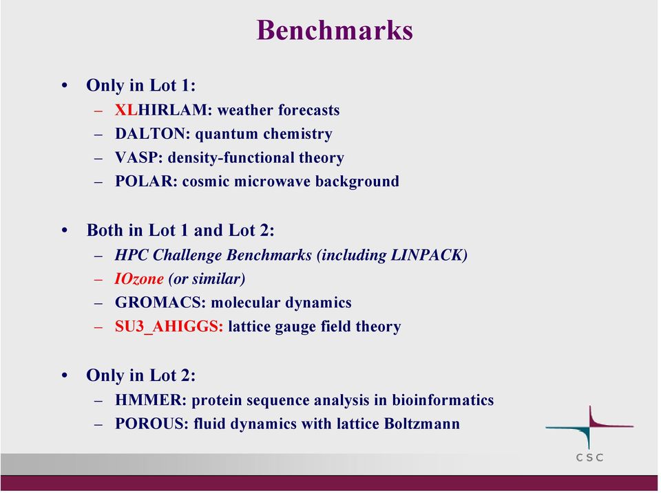 Benchmarks (including LINPACK) IOzone (or similar) GROMACS: molecular dynamics SU3_AHIGGS: lattice