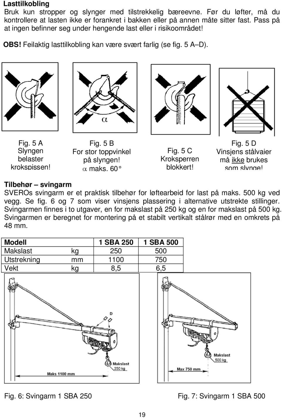 α maks. 60 Fig. 5 C Kroksperren blokkert! Fig. 5 D Vinsjens stålvaier må ikke brukes som slynge! Tilbehør svingarm SVEROs svingarm er et praktisk tilbehør for løftearbeid for last på maks.