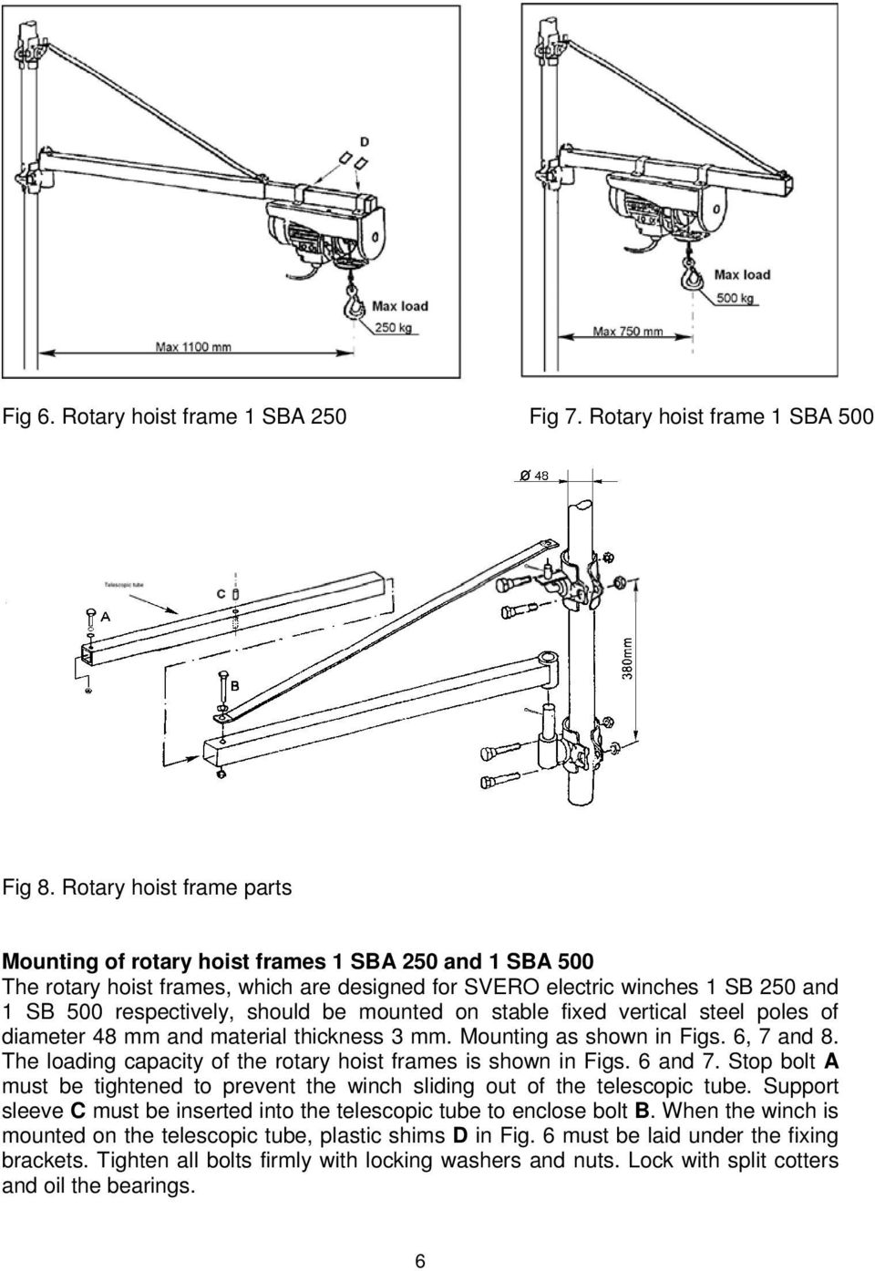 mounted on stable fixed vertical steel poles of diameter 48 mm and material thickness 3 mm. Mounting as shown in Figs. 6, 7 and 8. The loading capacity of the rotary hoist frames is shown in Figs.