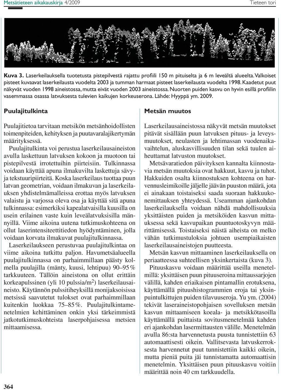 Nuorten puiden kasvu on hyvin esillä profiilin vaseassa osassa latvuksesta tulevien kaikujen korkeuserona. Lähde: Hyyppä y. 2009.