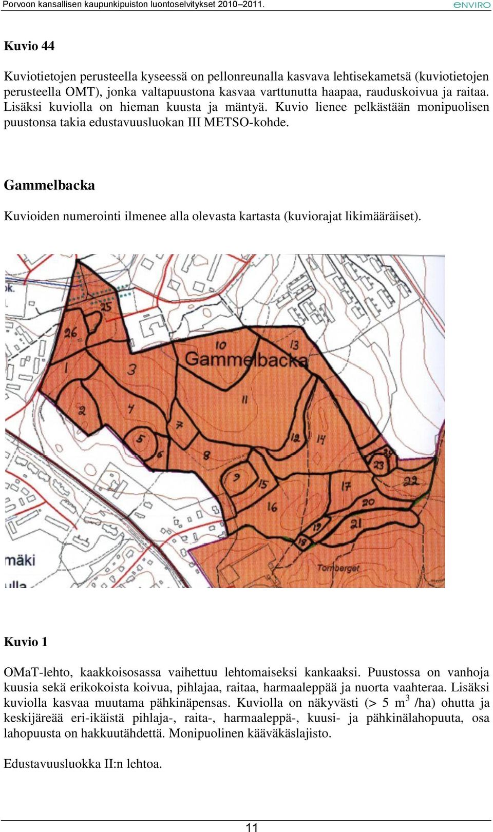 Gammelbacka Kuvioiden numerointi ilmenee alla olevasta kartasta (kuviorajat likimääräiset). Kuvio 1 OMaT-lehto, kaakkoisosassa vaihettuu lehtomaiseksi kankaaksi.