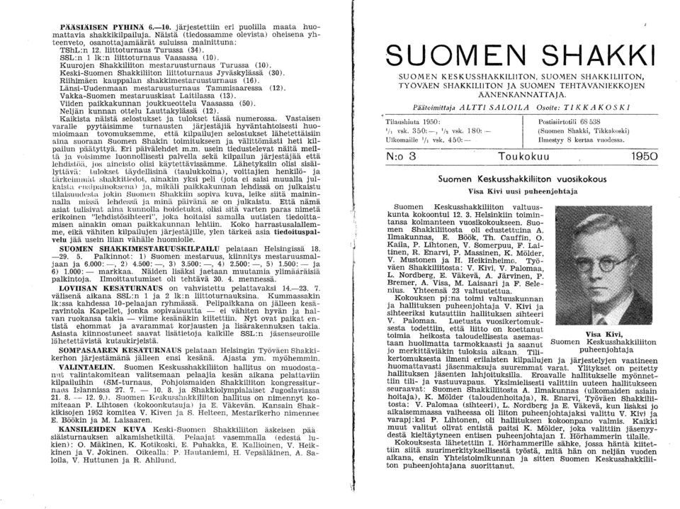 Riihimäen kauppalan shakkimestaruusturnaus (16). Länsi-Uudenmaan mestaruusturnaus Tammisaaressa (12). Vakka-Suomen mestaruuskisat Laitilassa (13). Viiden paikkakunnan joukkueottelu Vaasassa (50).