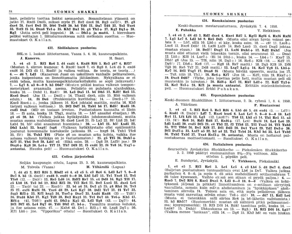 liittoturnauksessa mitä melkoisin suoritus. - Huomautukset O. Kai l a n. 432. Sisilialainen puolustus SSL:n 1. luokan liittoturnaus, Vaasa 5. 4. 50, kauneuspalkinto. J. Kanervo. H. Saari. 1. e4 c5 2.