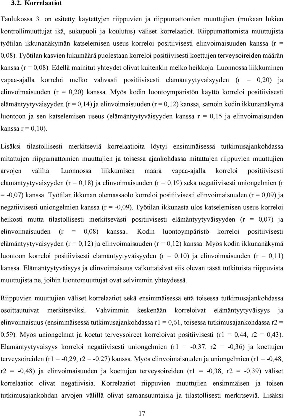 Työtilan kasvien lukumäärä puolestaan korreloi positiivisesti koettujen terveysoireiden määrän kanssa (r = 0,08). Edellä mainitut yhteydet olivat kuitenkin melko heikkoja.