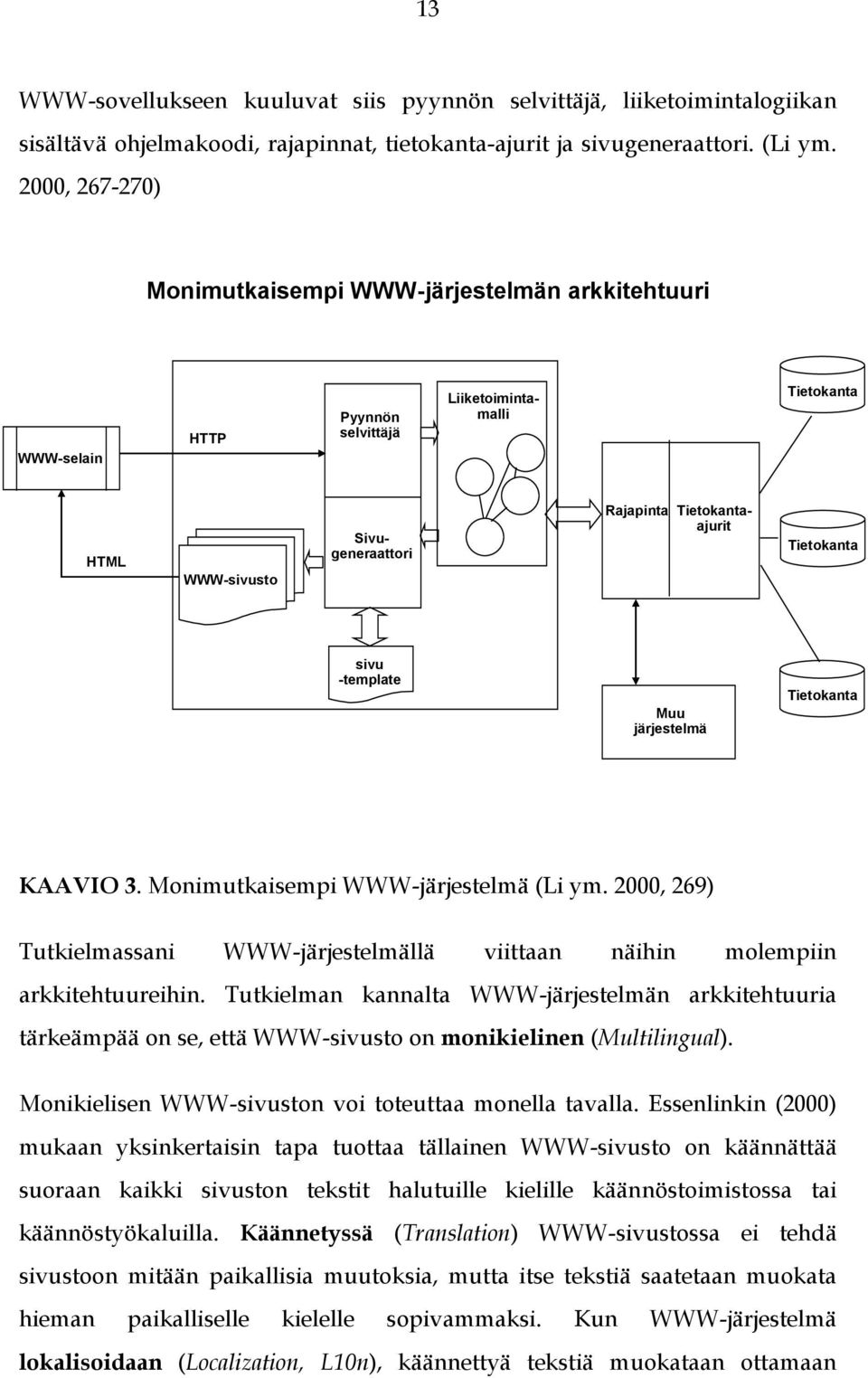 sivu -template Muu järjestelmä Tietokanta KAAVIO 3. Monimutkaisempi WWW-järjestelmä (Li ym. 2000, 269) Tutkielmassani WWW-järjestelmällä viittaan näihin molempiin arkkitehtuureihin.
