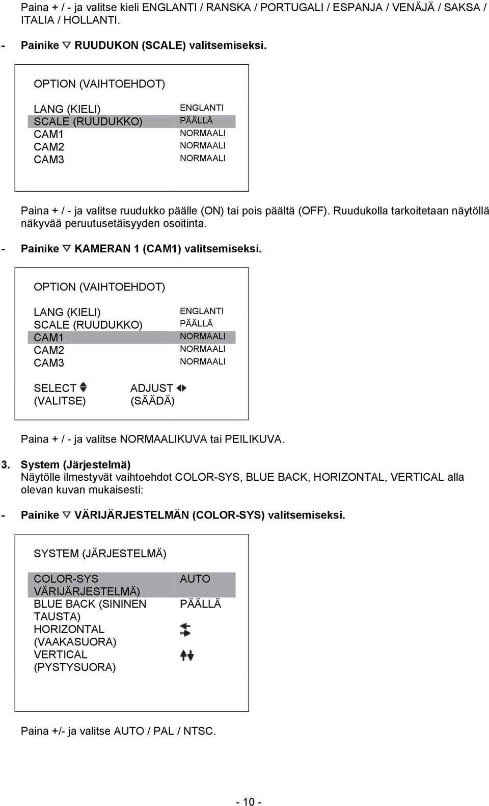 Ruudukolla tarkoitetaan näytöllä näkyvää peruutusetäisyyden osoitinta. - Painike KAMERAN 1 (CAM1) valitsemiseksi.
