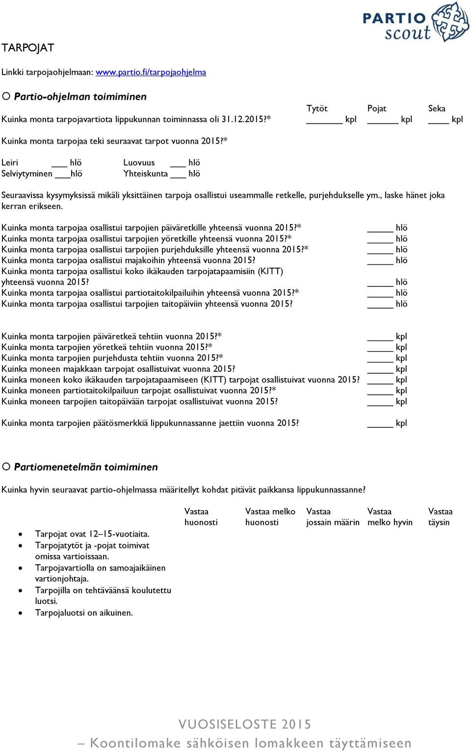 * Leiri hlö Luovuus hlö Selviytyminen hlö Yhteiskunta hlö Seuraavissa kysymyksissä mikäli yksittäinen tarpoja osallistui useammalle retkelle, purjehdukselle ym., laske hänet joka kerran erikseen.