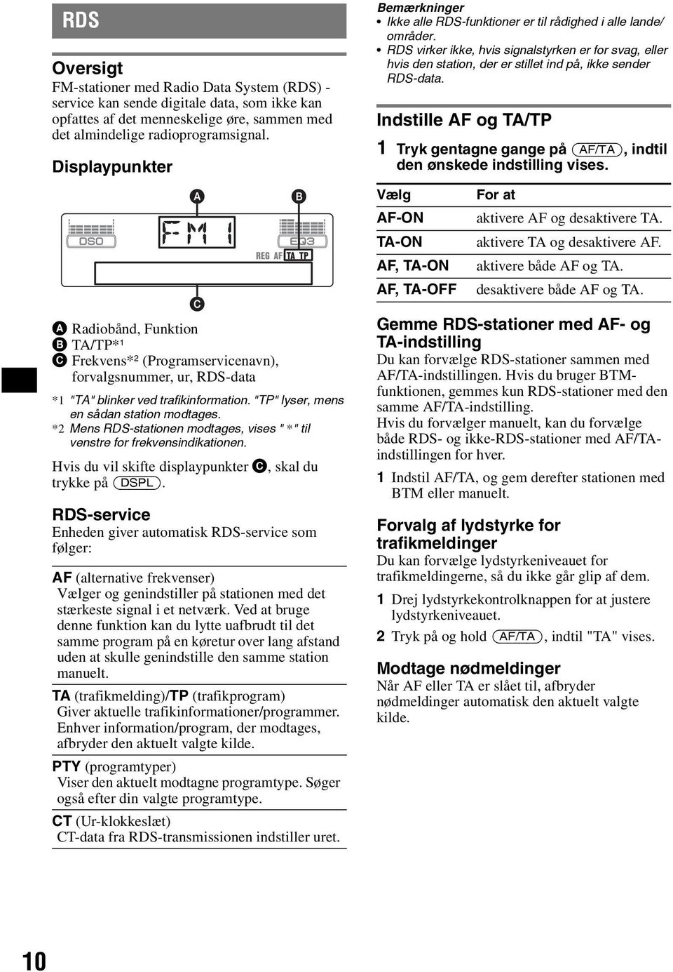 RDS virker ikke, hvis signalstyrken er for svag, eller hvis den station, der er stillet ind på, ikke sender RDS-data.