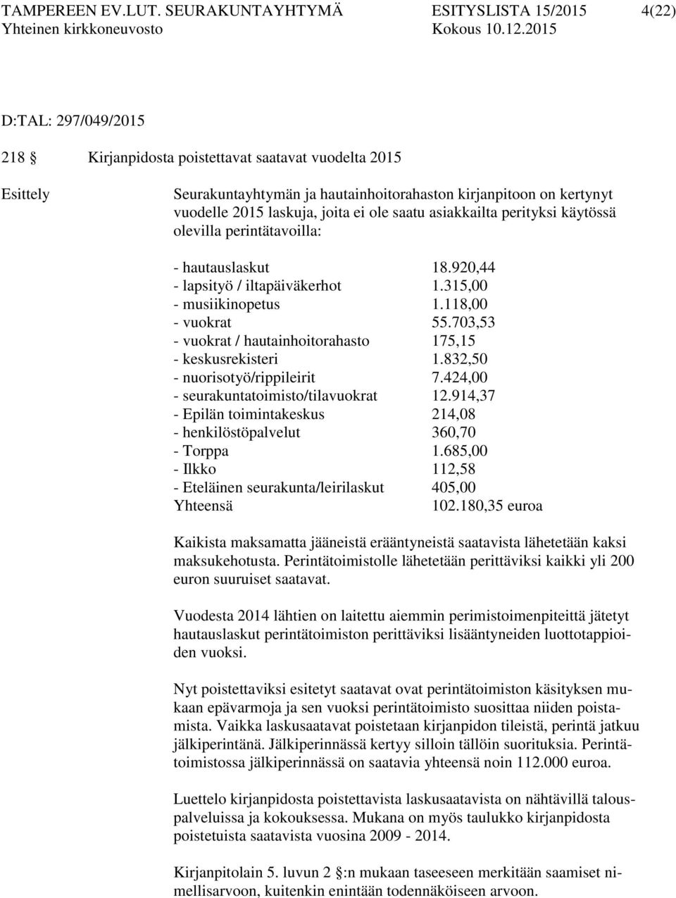 vuodelle 2015 laskuja, joita ei ole saatu asiakkailta perityksi käytössä olevilla perintätavoilla: - hautauslaskut 18.920,44 - lapsityö / iltapäiväkerhot 1.315,00 - musiikinopetus 1.