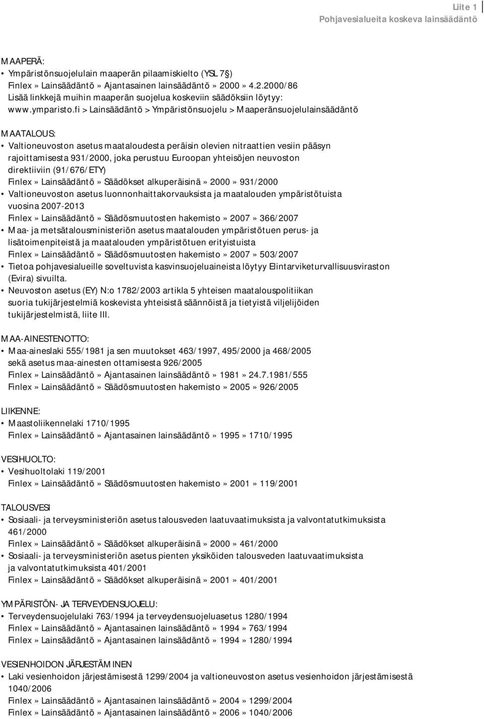 fi > Lainsäädäntö > Ympäristönsuojelu > Maaperänsuojelulainsäädäntö MAATALOUS: Valtioneuvoston asetus maataloudesta peräisin olevien nitraattien vesiin pääsyn rajoittamisesta 931/2000, joka perustuu