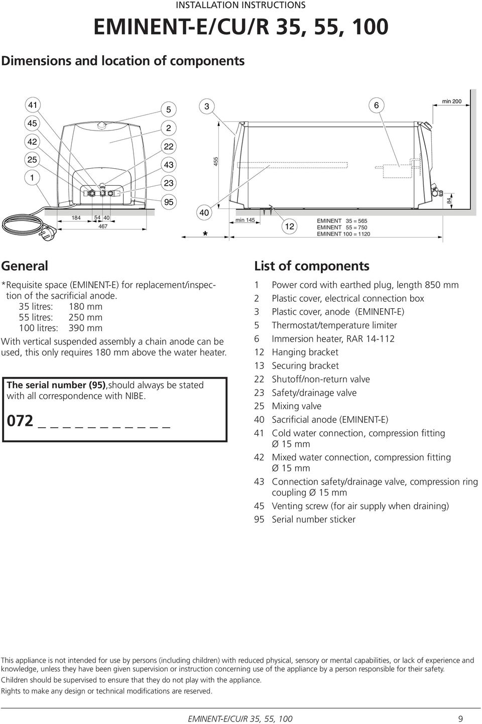 35 litres: 180 mm 5541litres: 0 mm 5 3 100 litres: 390 mm With vertical suspended assembly a chain 2anode can be used, this 42 only requires 180 mm above the water heater.