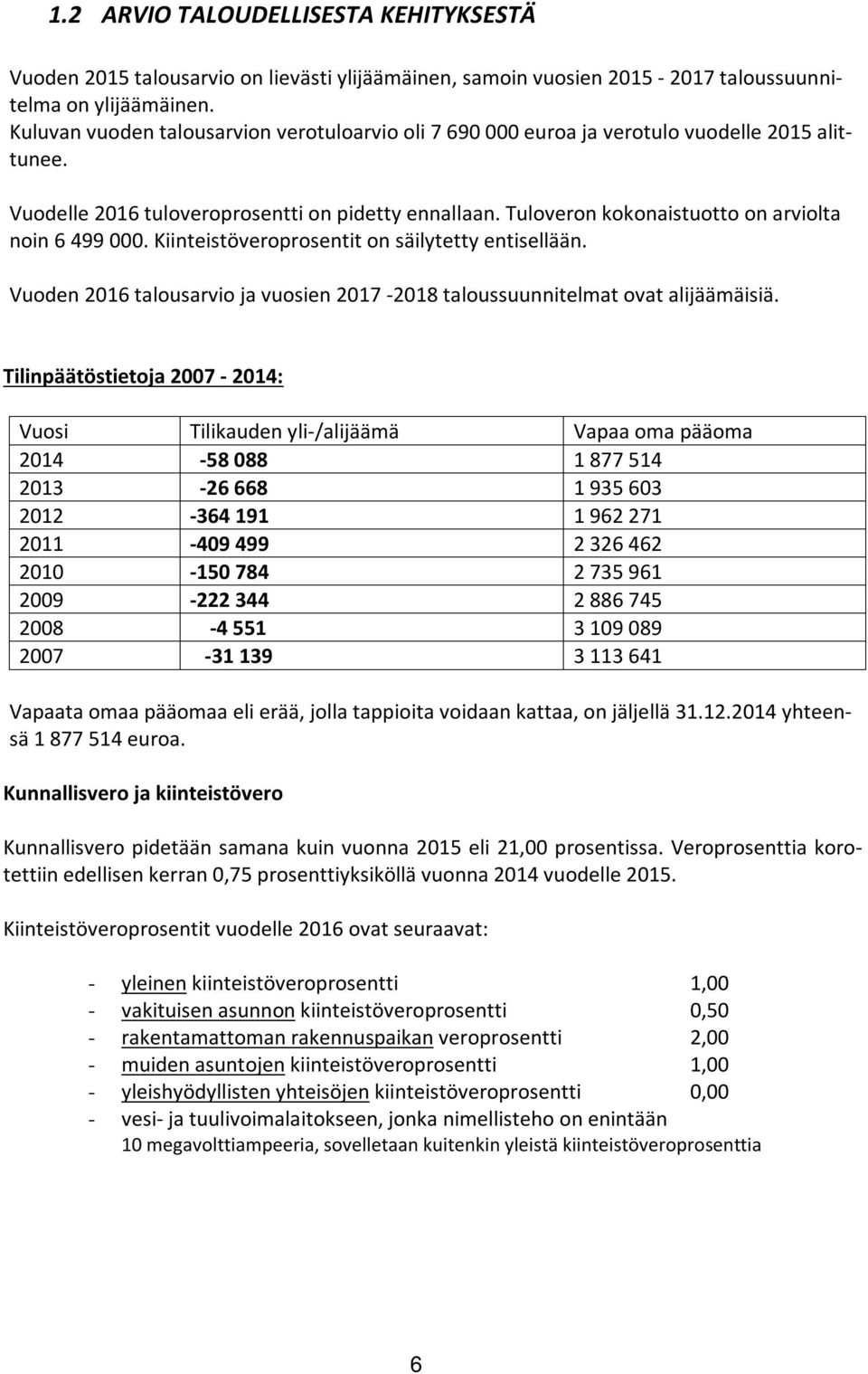 Tuloveron kokonaistuotto on arviolta noin 6 499 000. Kiinteistöveroprosentit on säilytetty entisellään. Vuoden 2016 talousarvio ja vuosien 2017-2018 taloussuunnitelmat ovat alijäämäisiä.