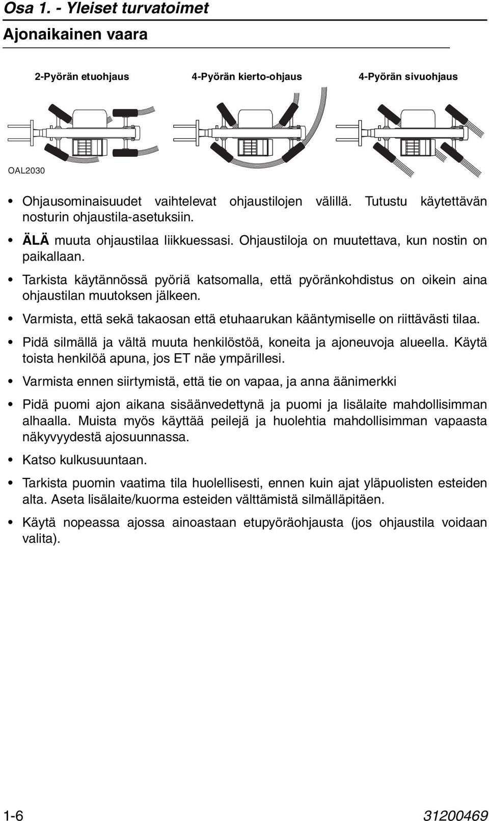 Tarkista käytännössä pyöriä katsomalla, että pyöränkohdistus on oikein aina ohjaustilan muutoksen jälkeen. Varmista, että sekä takaosan että etuhaarukan kääntymiselle on riittävästi tilaa.