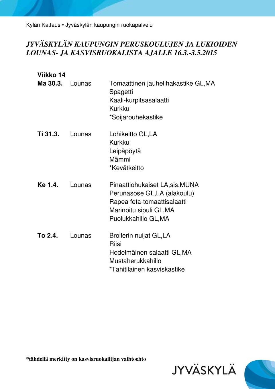 3. Lounas Lohikeitto GL,LA Mämmi *Kevätkeitto Ke 1.4. Lounas Pinaattiohukaiset LA,sis.