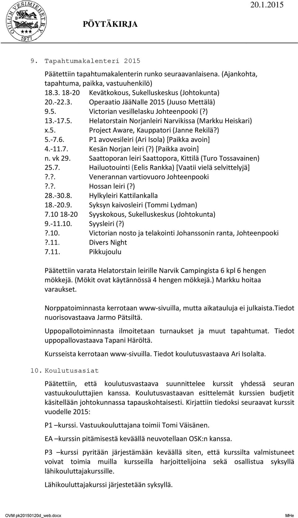 P1 avovesileiri (Ari Isola) [Paikka avoin] 4.-11.7. Kesän Norjan leiri (?) [Paikka avoin] n. vk 29. Saattoporan leiri Saattopora, Kittilä (Turo Tossavainen) 25.7. Hailuotouinti (Eelis Rankka) [Vaatii vielä selvittelyjä]?