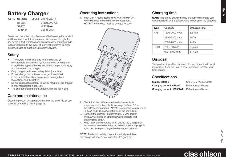 Safety This charger is only intended for the charging of rechargeable nickel-metal hydride batteries.