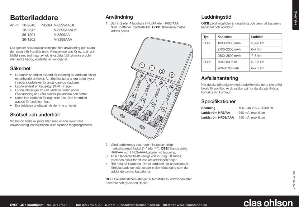 Säkerhet Laddaren är endast avsedd för laddning av laddbara nickelmetallhydrid-batterier. Att försöka ladda andra batterityper innebär skaderisker för användare och laddare.