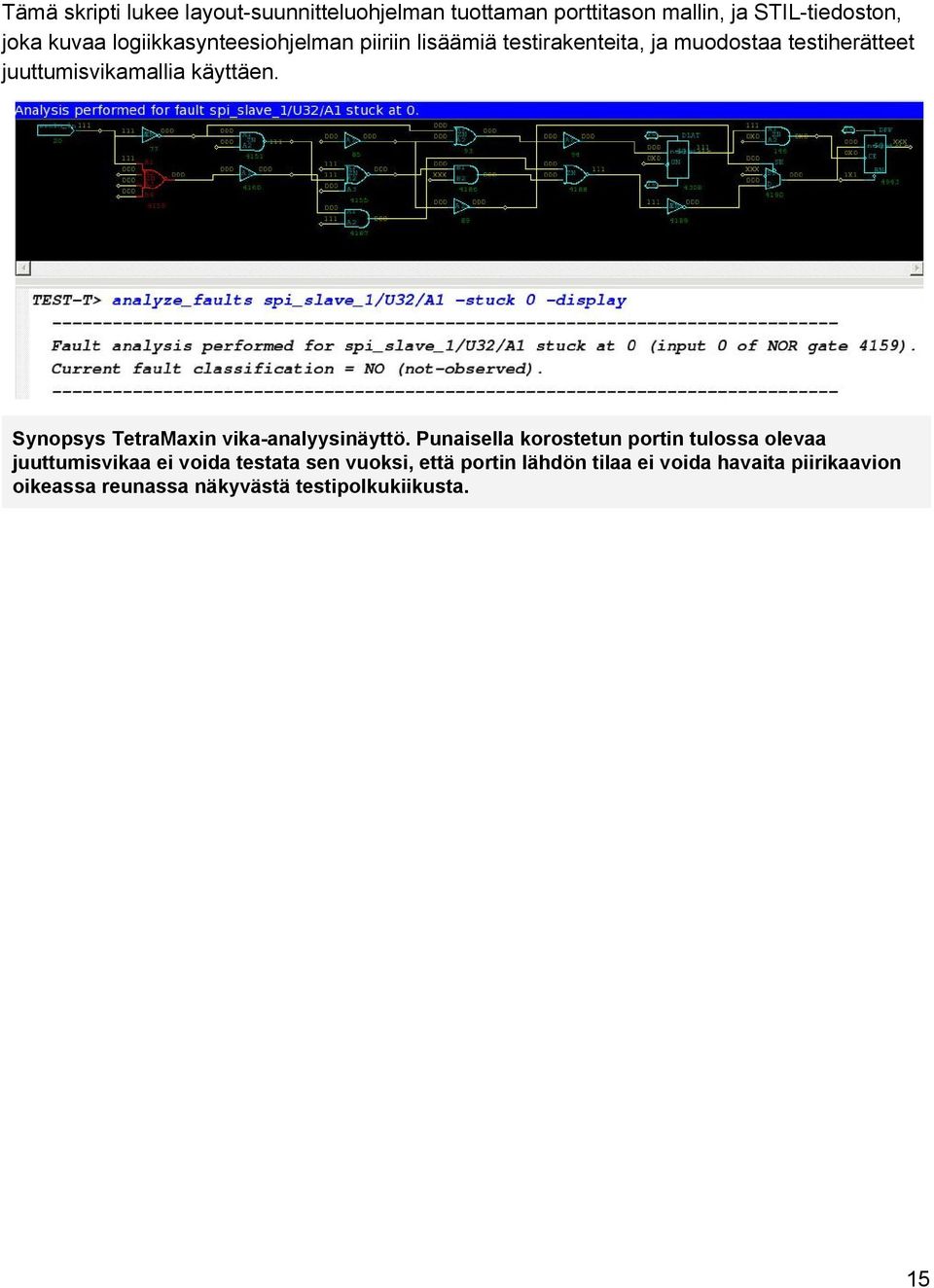 käyttäen. Synopsys TetraMaxin vika analyysinäyttö.