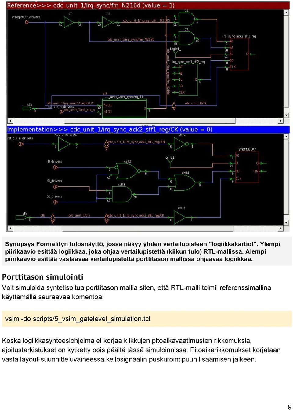 Porttitason simulointi Voit simuloida syntetisoitua porttitason mallia siten, että RTL malli toimii referenssimallina käyttämällä seuraavaa komentoa: vsim do