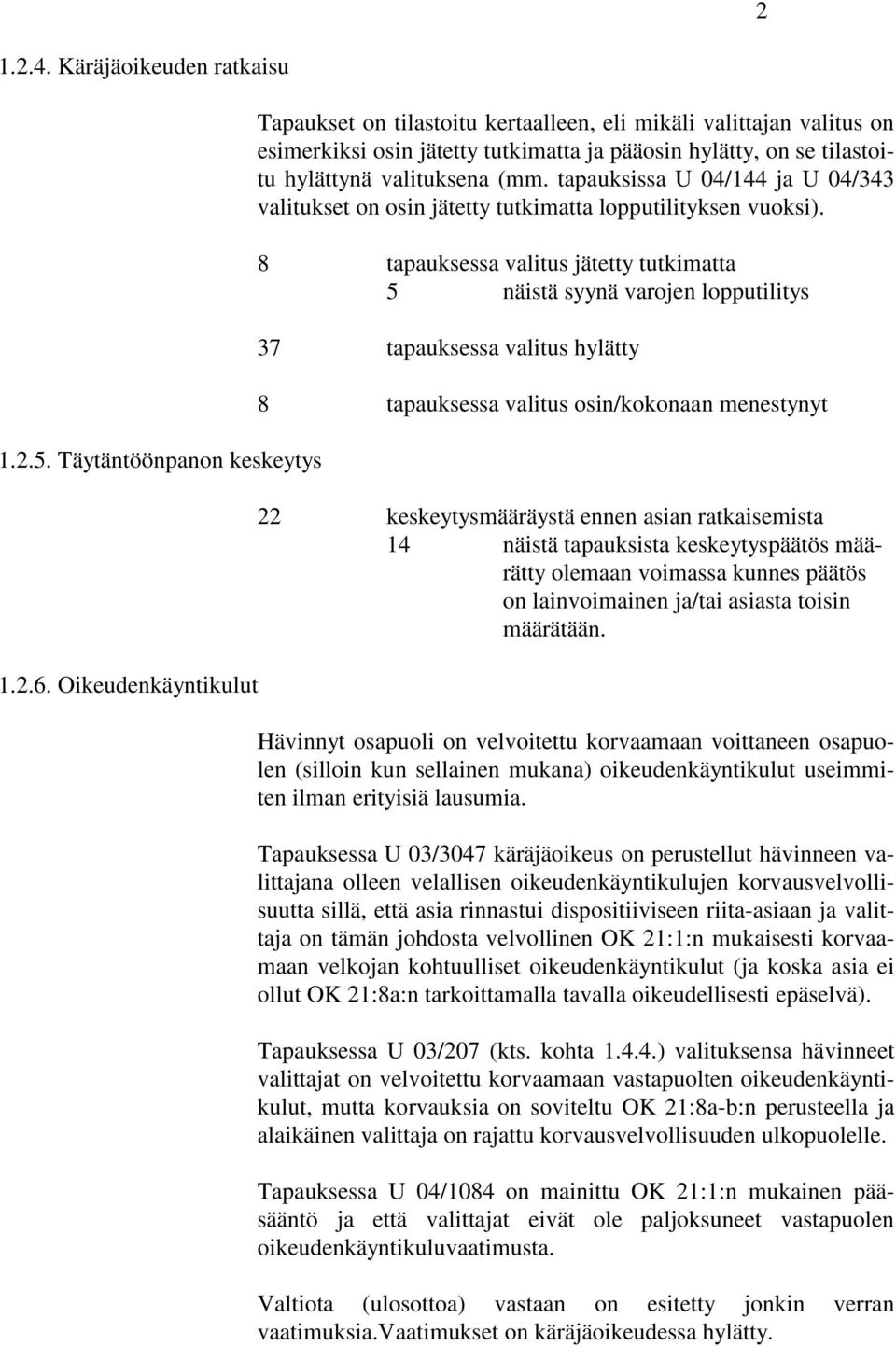 tapauksissa U 04/144 ja U 04/343 valitukset on osin jätetty tutkimatta lopputilityksen vuoksi).