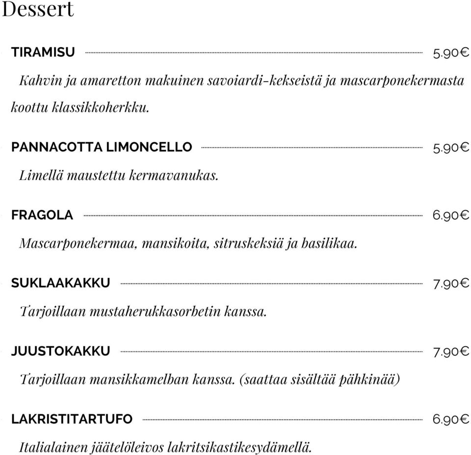 PANNACOTTA LIMONCELLO 5.90 Limellä maustettu kermavanukas. FRAGOLA 6.