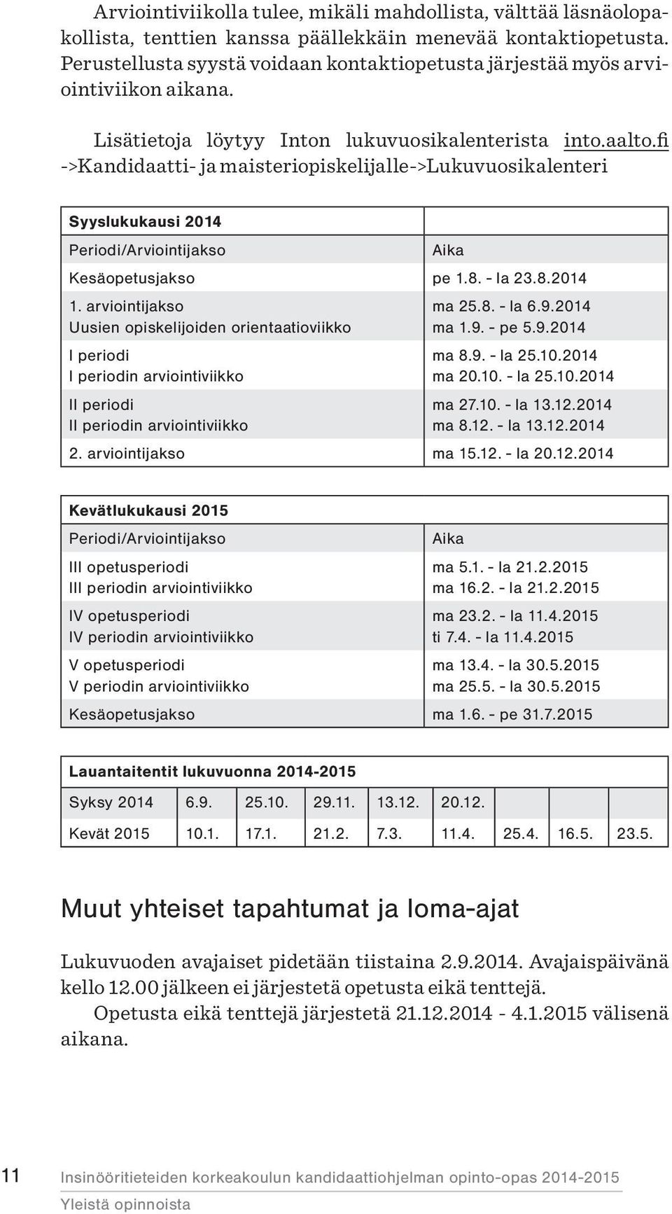 fi ->Kandidaatti- ja maisteriopiskelijalle->lukuvuosikalenteri Syyslukukausi 2014 Periodi/Arviointijakso Aika Kesäopetusjakso pe 1.8. - la 23.8.2014 1.