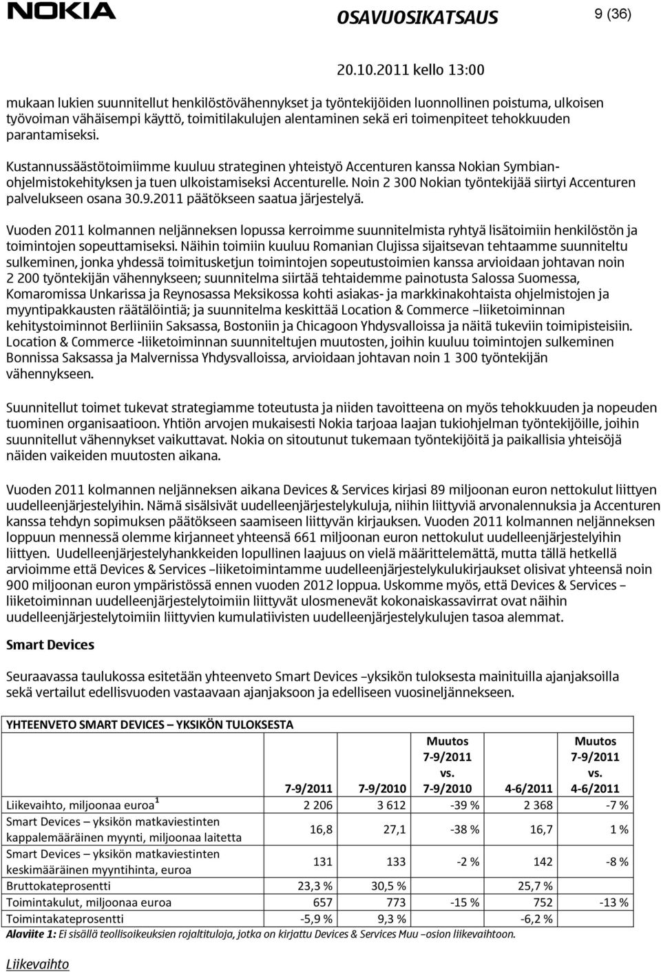 Noin 2 300 Nokian työntekijää siirtyi Accenturen palvelukseen osana 30.9.2011 päätökseen saatua järjestelyä.