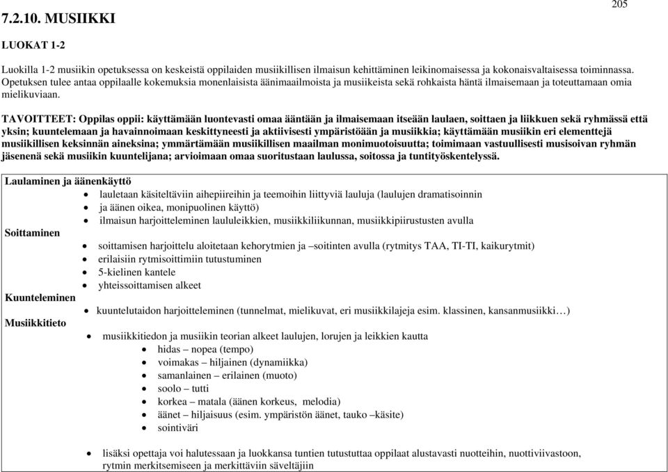 TAVOITTEET: Oppilas oppii: käyttämään luontevasti omaa ääntään ja ilmaisemaan itseään laulaen, soittaen ja liikkuen sekä ryhmässä että yksin; kuuntelemaan ja havainnoimaan keskittyneesti ja