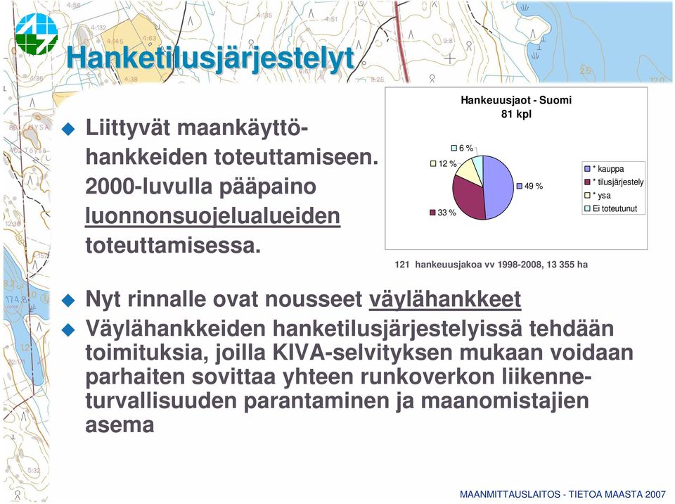 12 % 33 % Hankeuusjaot - Suomi 81 kpl 6 % 49 % 121 hankeuusjakoa vv 1998-2008, 13 355 ha * kauppa * tilusjärjestely * ysa Ei