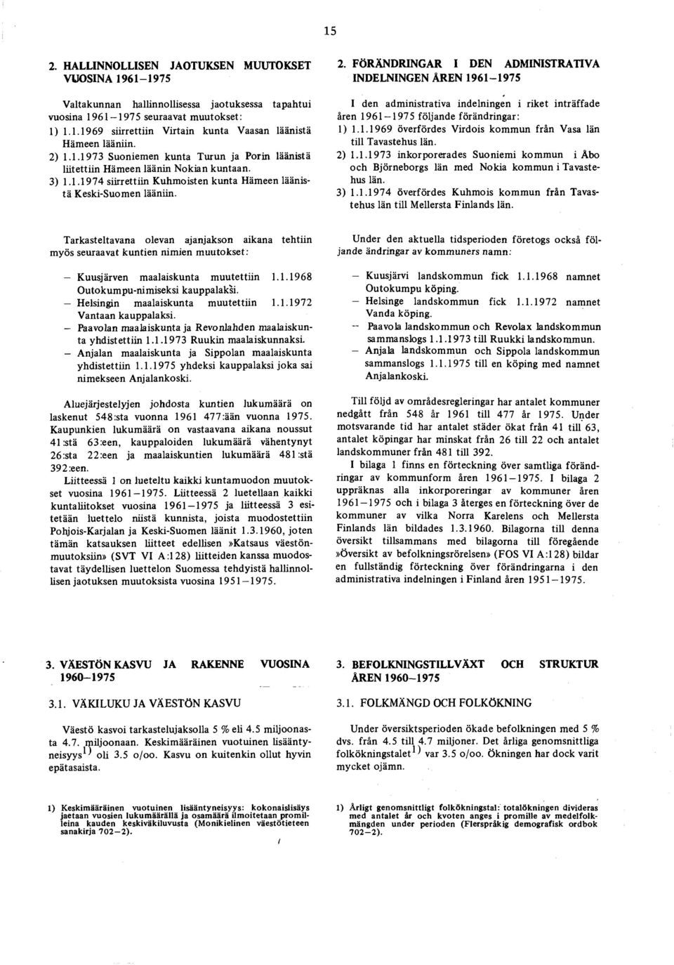 FÖRÄDRIGAR I DE ADIISTRATIVA IDELIGE ÅRE 1961-1975 I den adm inistrativa indelningen i riket inträffade åren 1961 1975 följande förändringar: 1) 1.1.1969 överfördes Virdois kom m un från Vasa län till Tavastehus län.