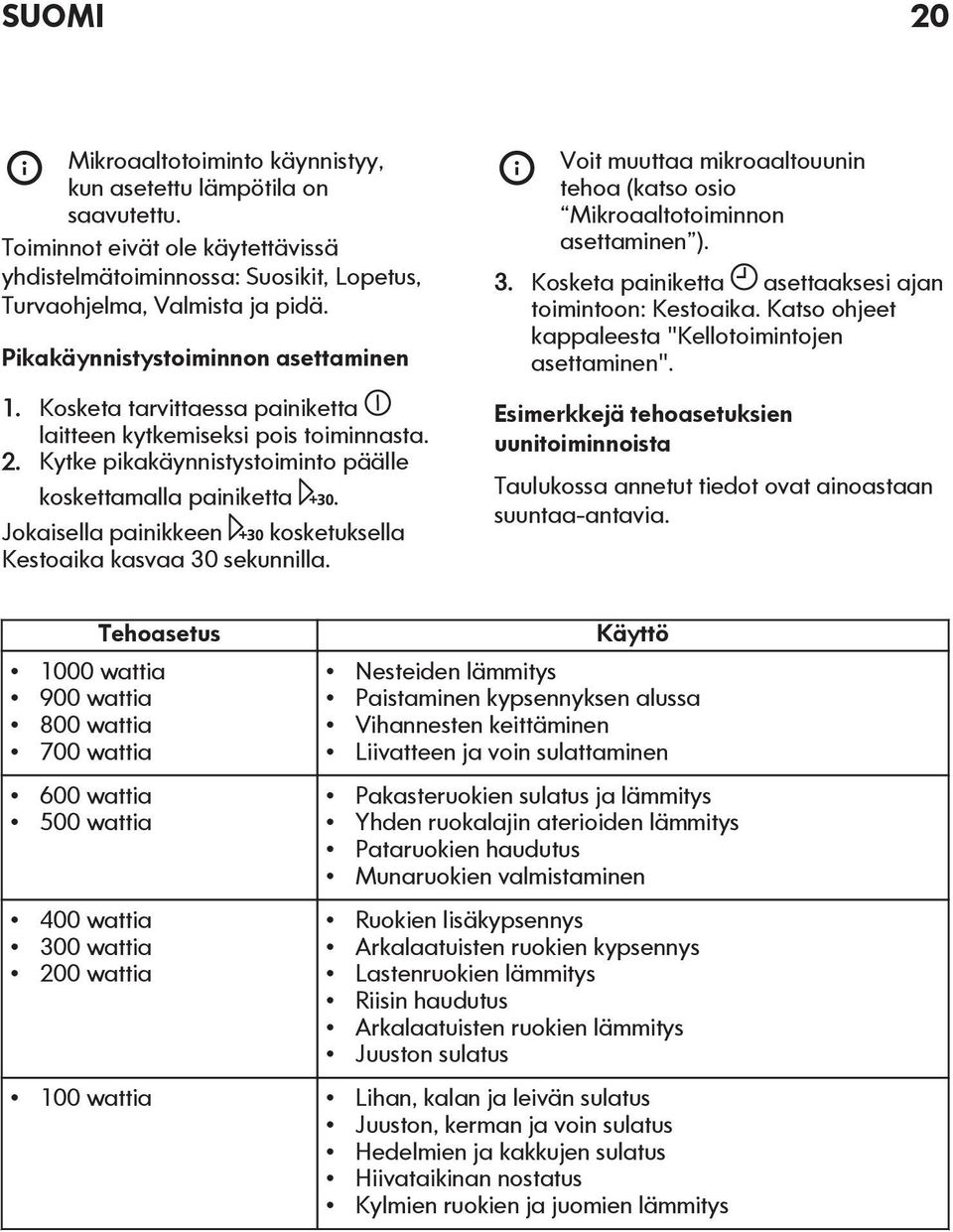 Jokaisella painikkeen kosketuksella Kestoaika kasvaa 30 sekunnilla. Voit muuttaa mikroaaltouunin tehoa (katso osio Mikroaaltotoiminnon asettaminen ). 3. Kosketa painiketta asettaaksesi ajan toimintoon: Kestoaika.