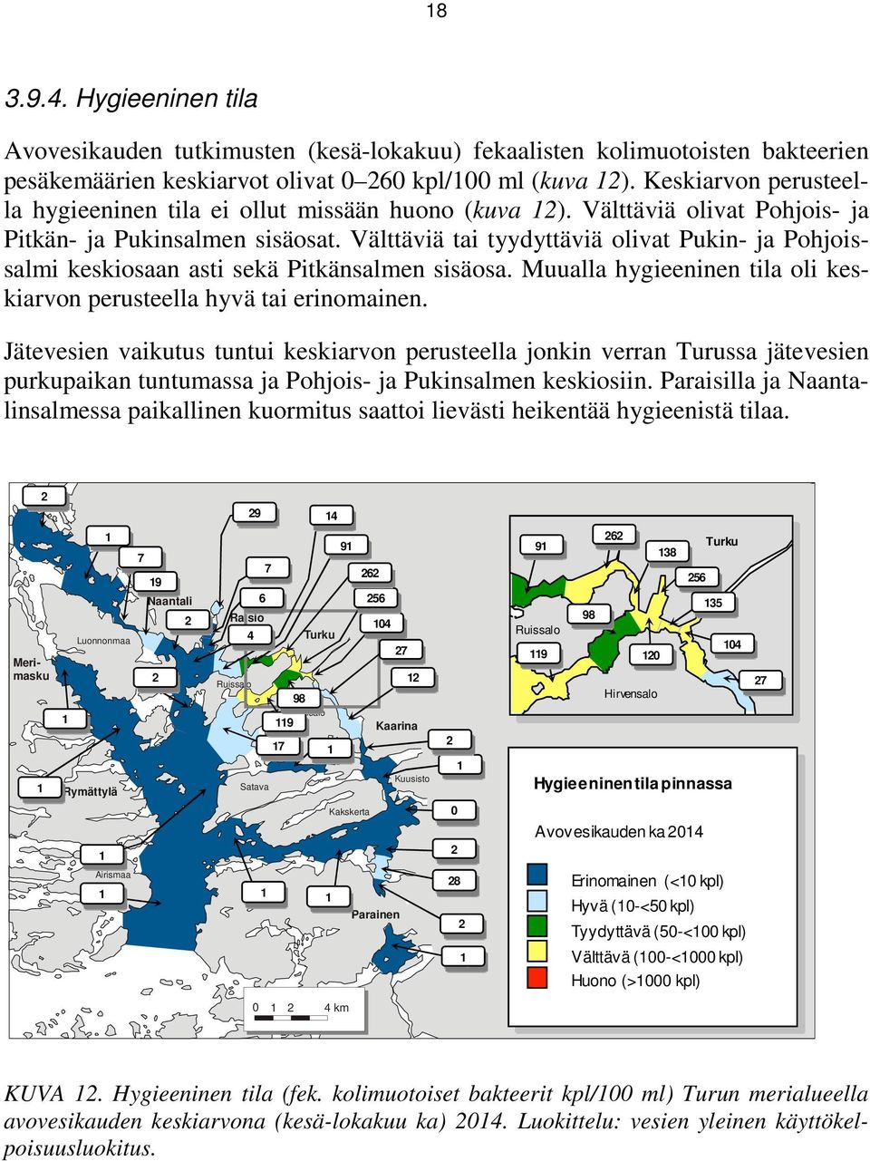 Välttäviä tai tyydyttäviä olivat Pukin- ja Pohjoissalmi keskiosaan asti sekä Pitkänsalmen sisäosa. Muualla hygieeninen tila oli keskiarvon perusteella hyvä tai erinomainen.